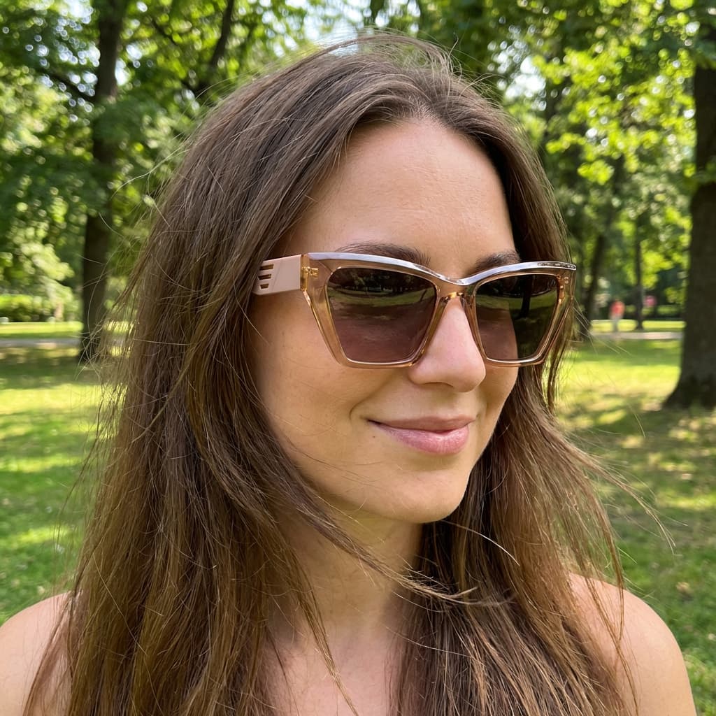 Óculos de Sol Feminino Polarizado Proteção UV400 Marrom Transparente Hastes Rosa Fosco Detalhes Dourados Tendência 20022