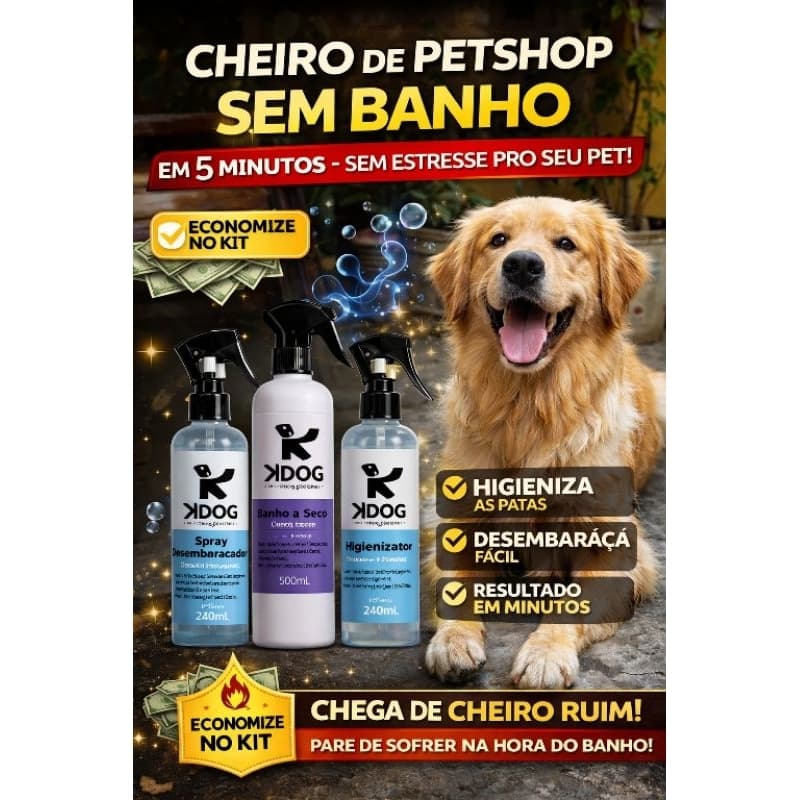 Banho a Seco Cachorro Cheiro Petshop Sem Banho Kit 3 em 1 KDOG