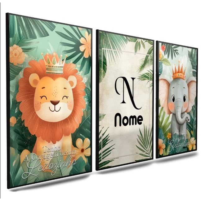 Quadros decorativos safari 3 peças com nome para seu filho(a) para o quarto e enxoval
