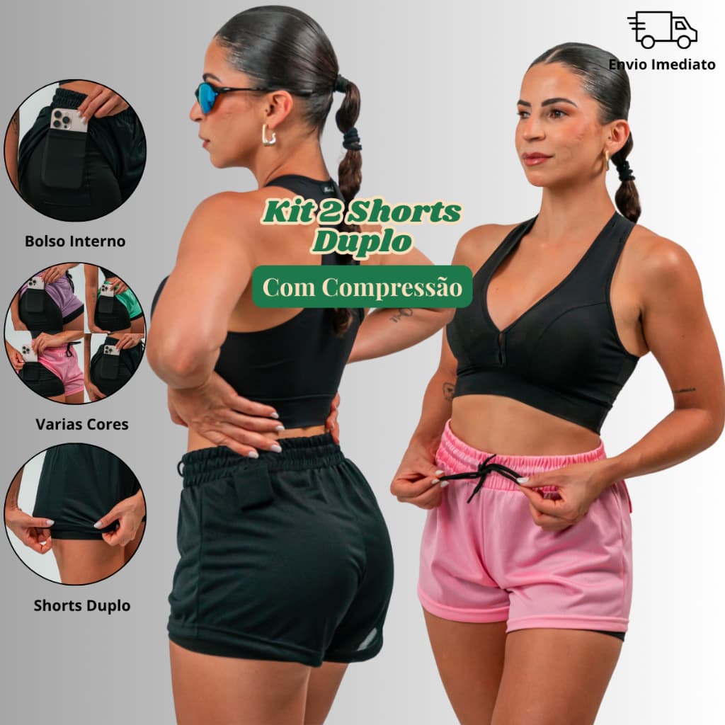 KIT 2 SHORTS ACADEMIA TREINO 2 EM 1 Feminino com Bolso Oculto Celular Dryfit Bermuda Fitness Dupla