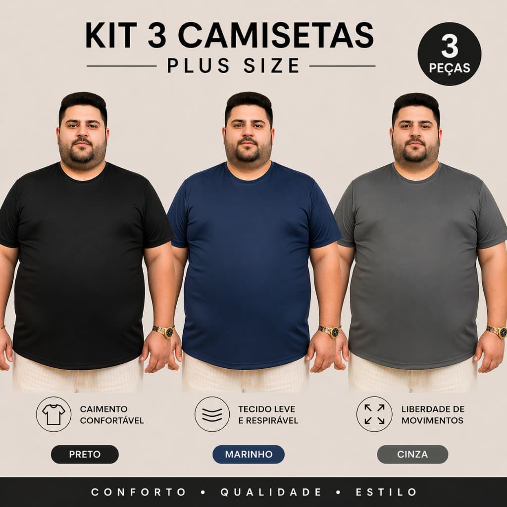 Camiseta Masculina Plus Size Básica Dry Fit 3 Unidades - Blusa Tecido Leve Respirável c/ Proteção UV