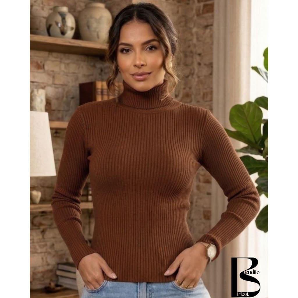 Blusa Cacharrel Feminina Tricot Gola Alta Manga Longa Canelado Tricô Moda Inverno