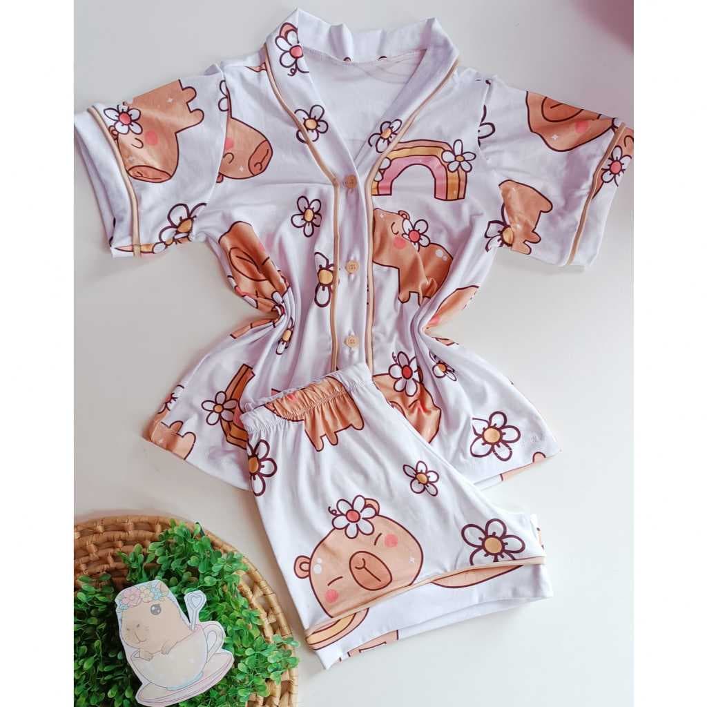 Pijama Americano Infantil Feminino Capivara | Conjunto Short e Blusa com Botões PP ao G