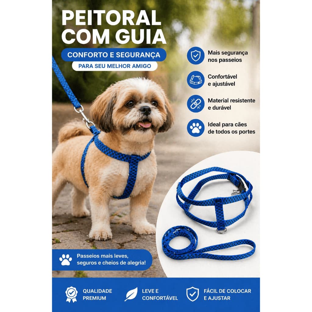 COLEIRA PEITORAL Azul com preto + GUIA CÃES PORTE PEQUENO E GATOS