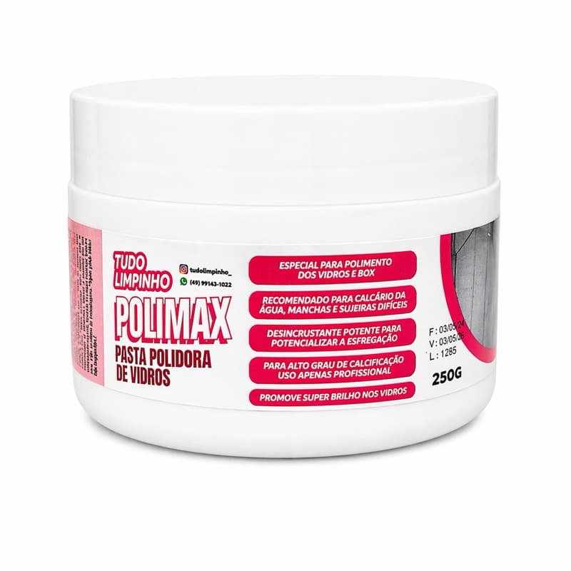 Polimax Tudo Limpinho Pasta Polidora Vidros Box 250g Remove Manchas Calcário Restaura Brilho Vidro Opaco e inox