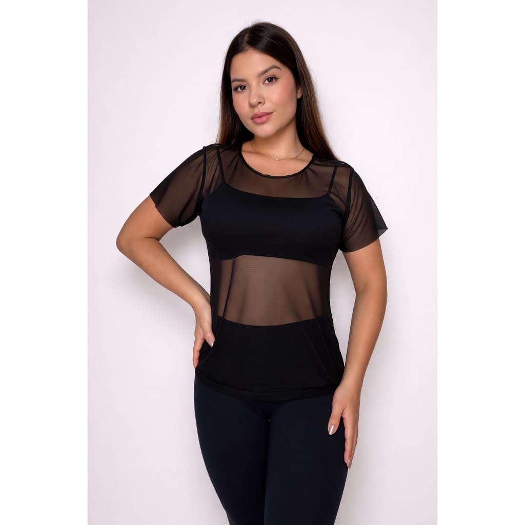 Blusa Feminina de Tule Transparente  Manga Curta Treino Fitness Academia