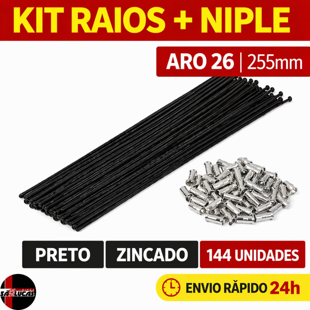 Raio Bike Aro 26 255mm 2.0 Preto Zincado Fino Kit 144 unidades com Niples Prata