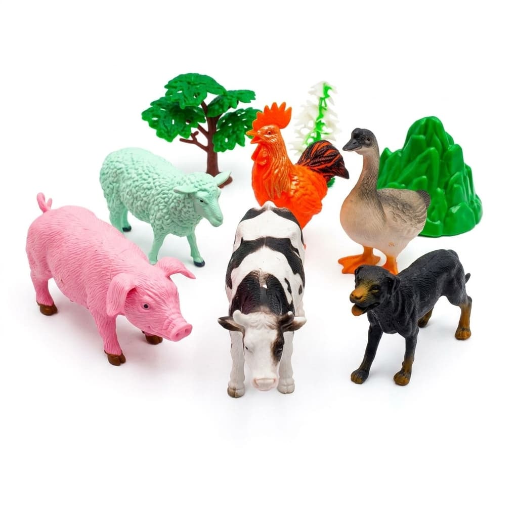 Kit Animais Fazenda 6 Peças Com Vegetação Brinquedo Infantil Educativo