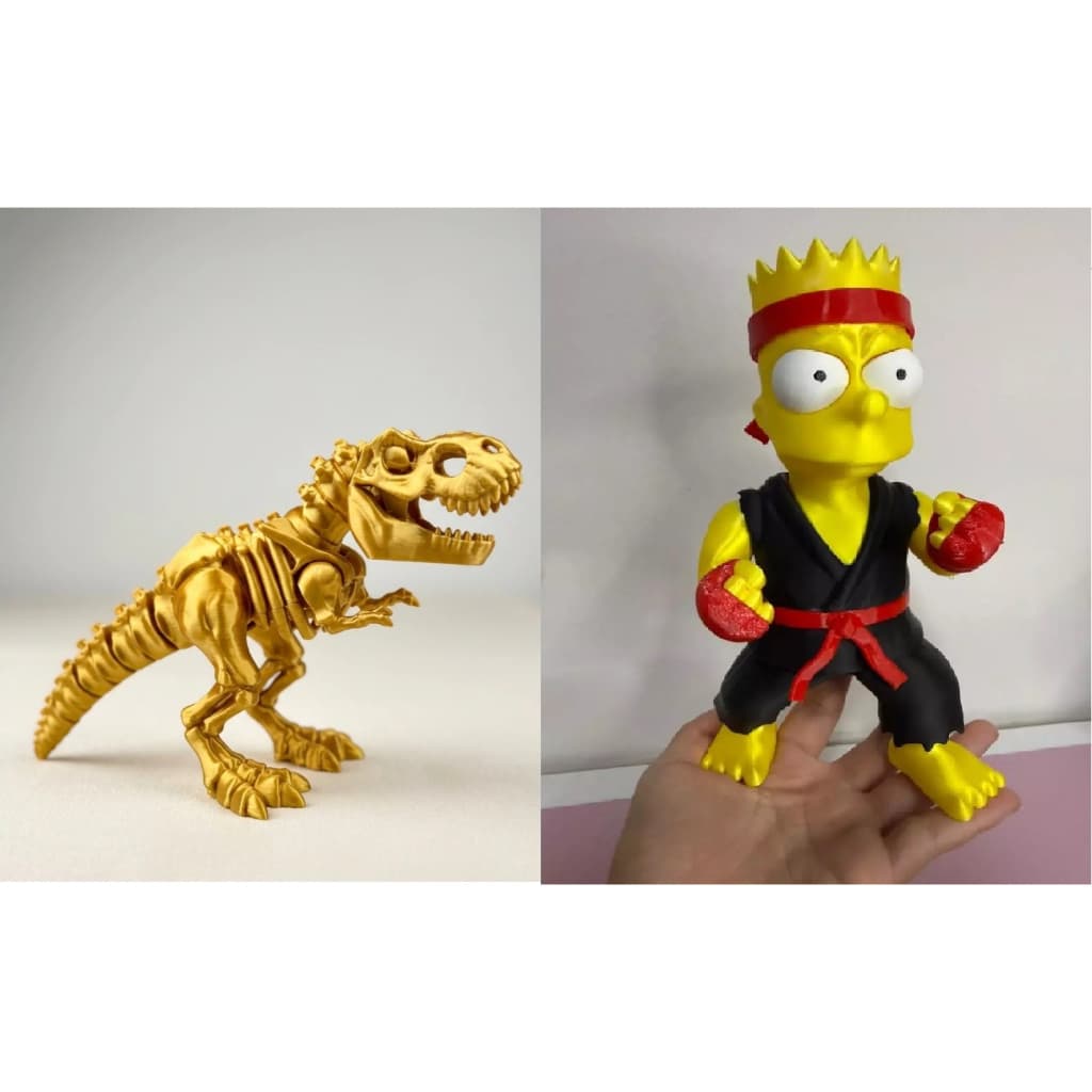 T-rex Articulado Dourado + Bart Simpson Lutador Decorativo Geek – Estátua Colecionável Alto Acabamento para Estante