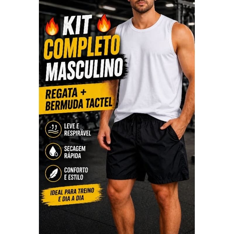 Kit Regata Machão + Short Tactel com Elastano Masculino Conjunto Academia Casual Premium