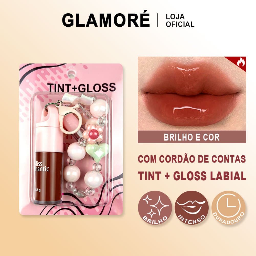 Gloss Labial e Lip Tint 2 em 1 Miss Romantic com Pingente de Miçangas Duo