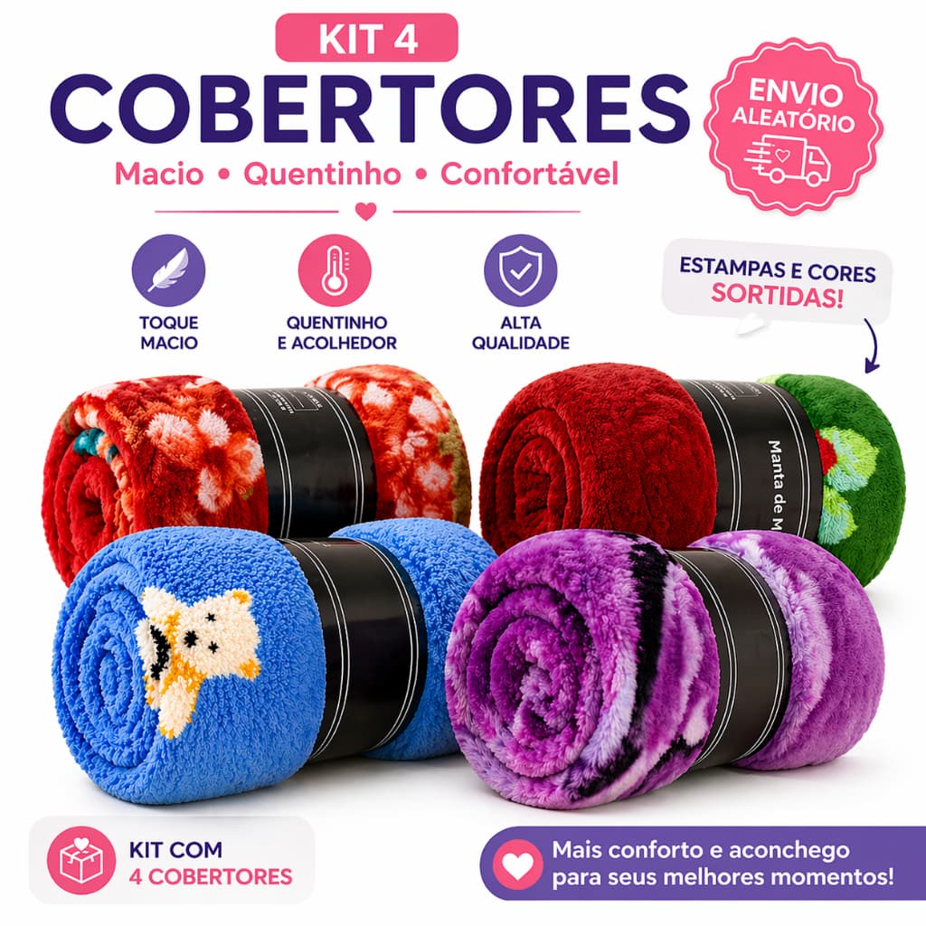 Kit 4 Cobertores Casal Microfibra 1,80cmx2,00cm Macio Quentinho Envio Rápido Cor Aleatório