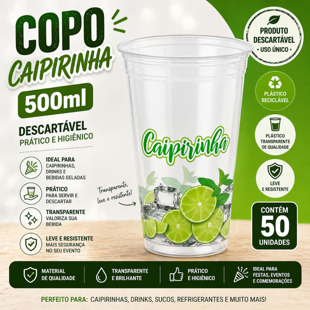50 Copos de Plástico 500ml Caipirinha Adega Festa Descartável