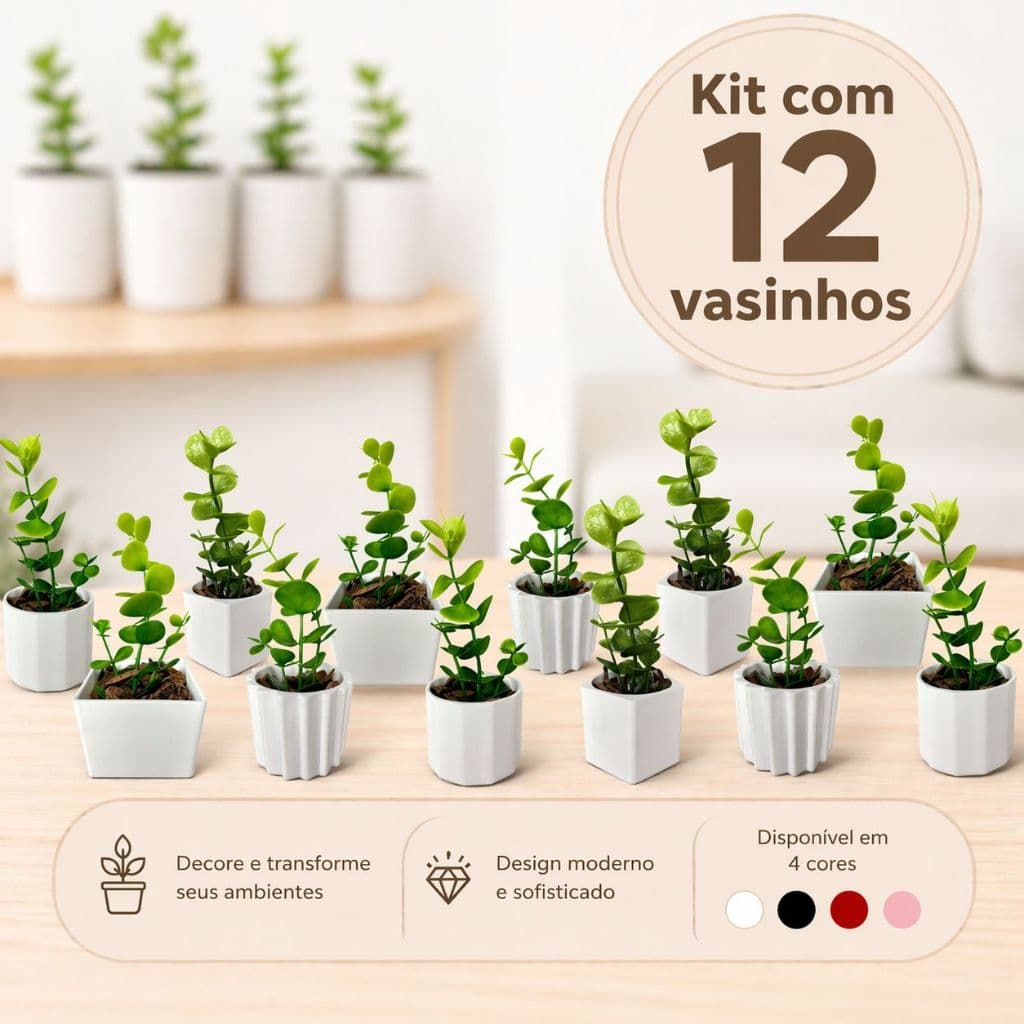 Kit 12 Mini Vasos Decoração Com Plantinhas Artificiais Vasos Pequenos Plástico Para Decorar Sala, Escritório,Casa