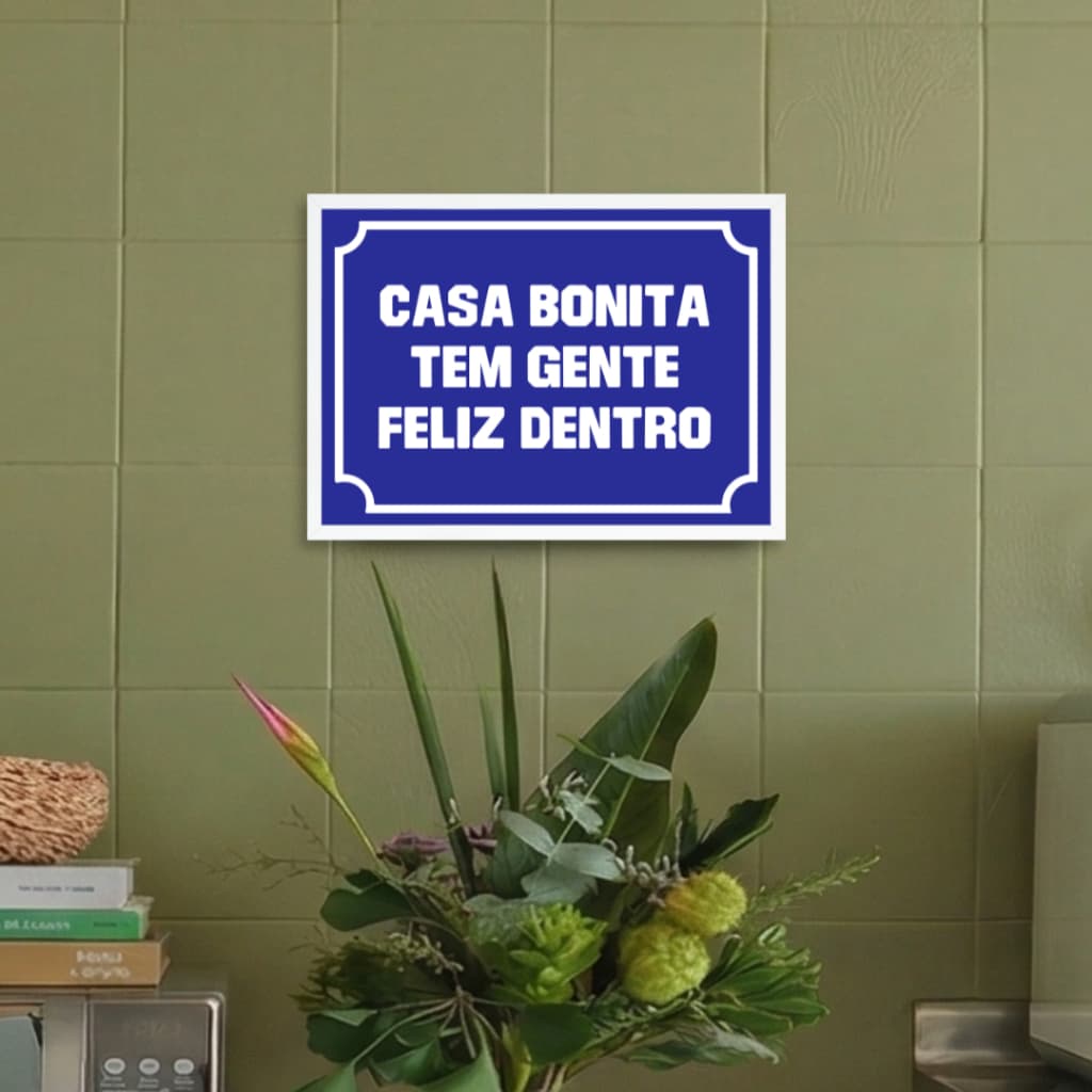 Quadro Decorativo CASA BONITA TEM GENTE FELIZ DENTRO Moldura Branca e Acetato Tamanho A4 Decoração Design Autoral