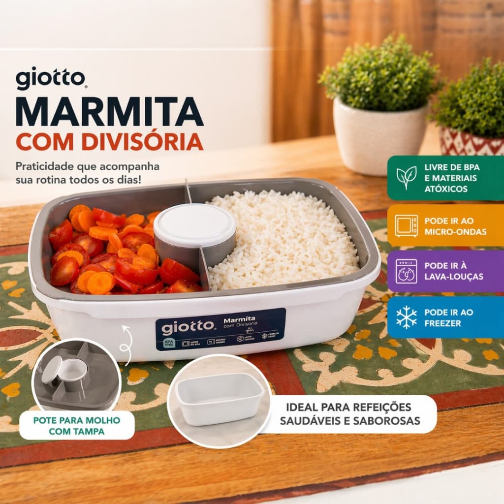 Marmita de Plástico Divisória e Molheira capacidade 1,3 Litros armazenamento de alimentos cozinha
