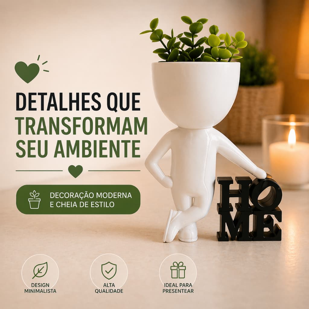 Vaso Decorativo Criativo com Planta + Letreiro Home | Decoração Charmosa para Casa