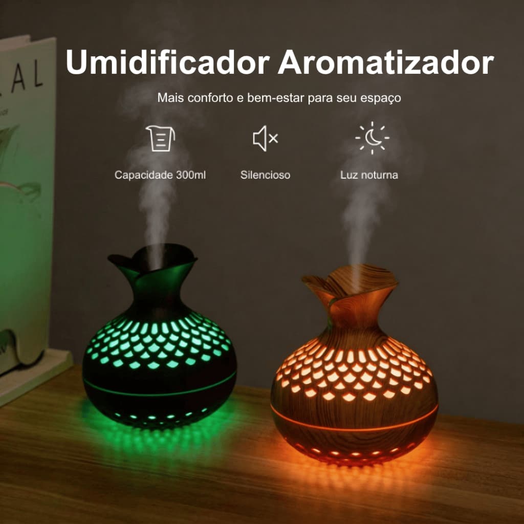 Difusor de Aromas Umidificador USB 300ml Névoa Fria com Luz LED 7 Cores