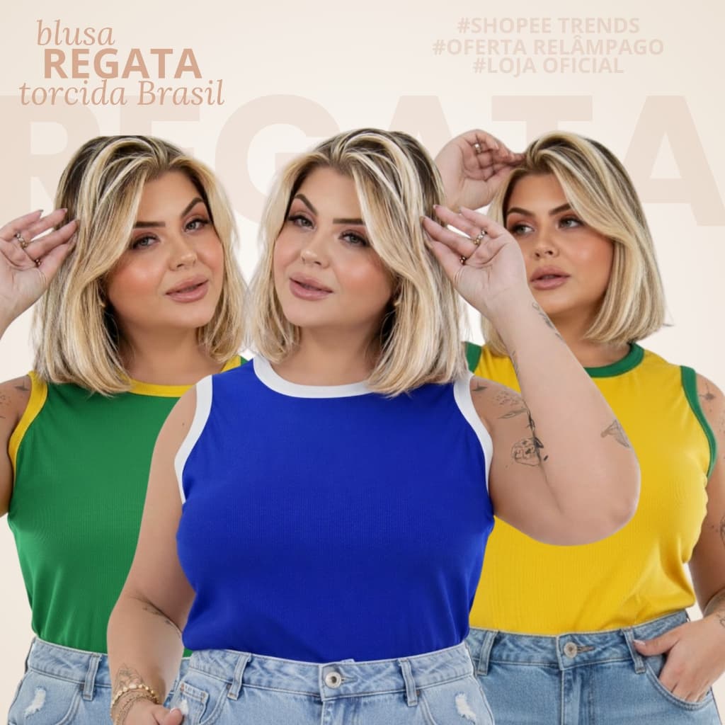 Kit 3 Regata Plus Size Blusa Canelada Copa Regata Do Brasil Torcida Alta Elasticidade Varias Cores