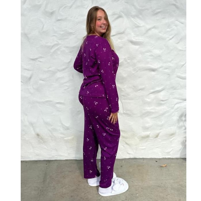 Pijama Feminino Longo Canelado Manga Longa Conforto Macio Estampado