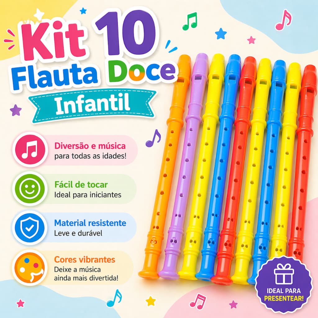 10 Flauta Doce Brinquedo Musical Infantil Instrumento Lembrancinha Prenda