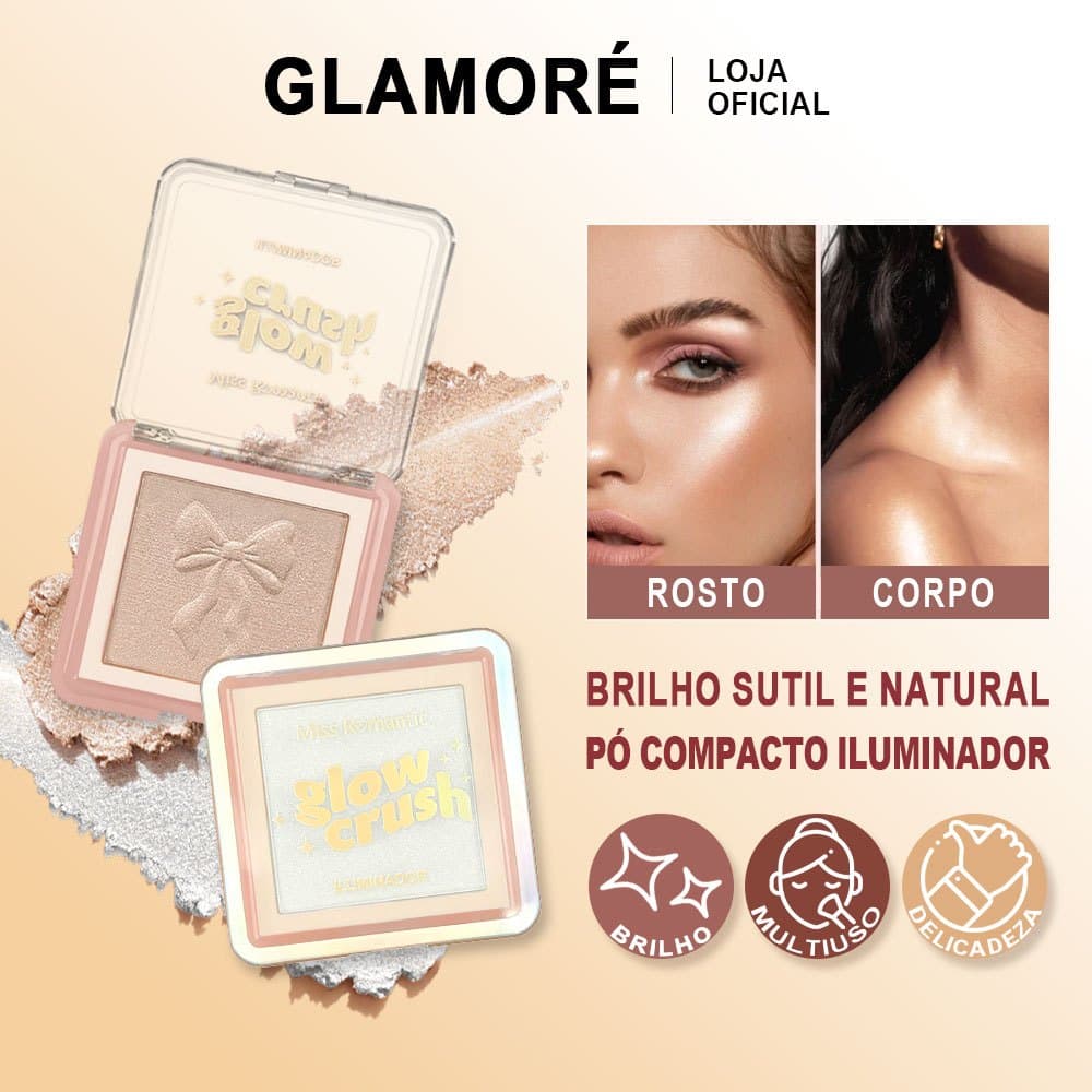 Iluminador em Pó Compacto Glow Crush Miss Romantic Efeito Strobe Profissional