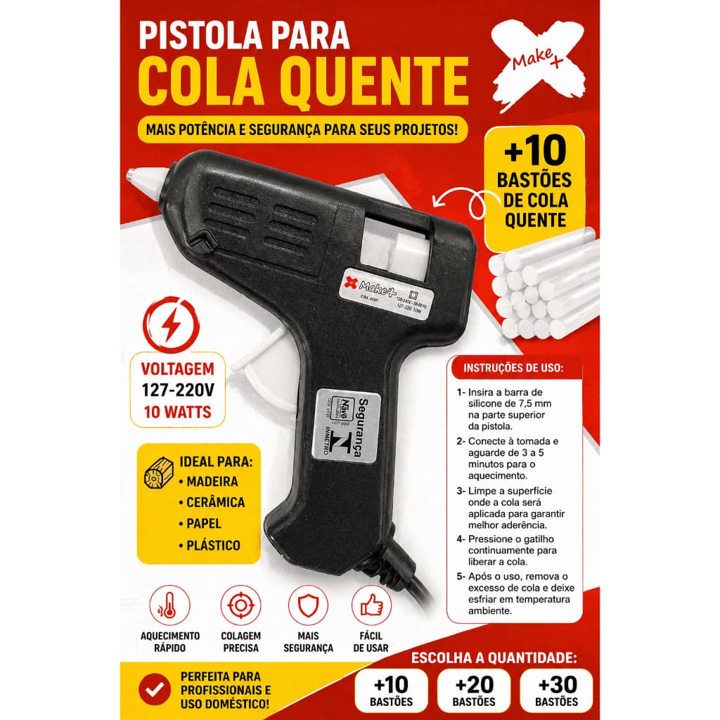 Pistola Cola Quente Pequena Make+ Bivolt 10w + 10, 20 ou 30 Bastões de Cola Quente Fino