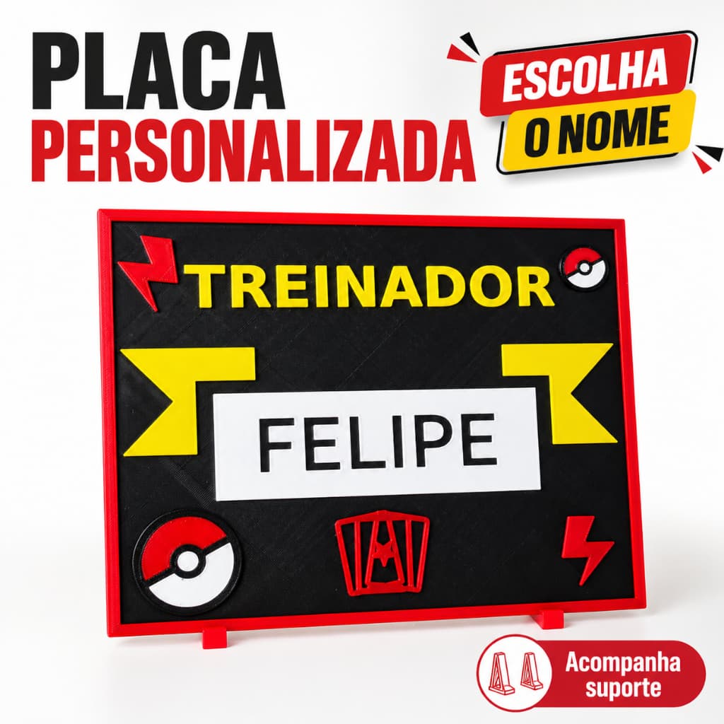 Placa Decorativa Personalizada com Nome - Tema Pokémon Treinador Gamer, para Quarto e Mesa