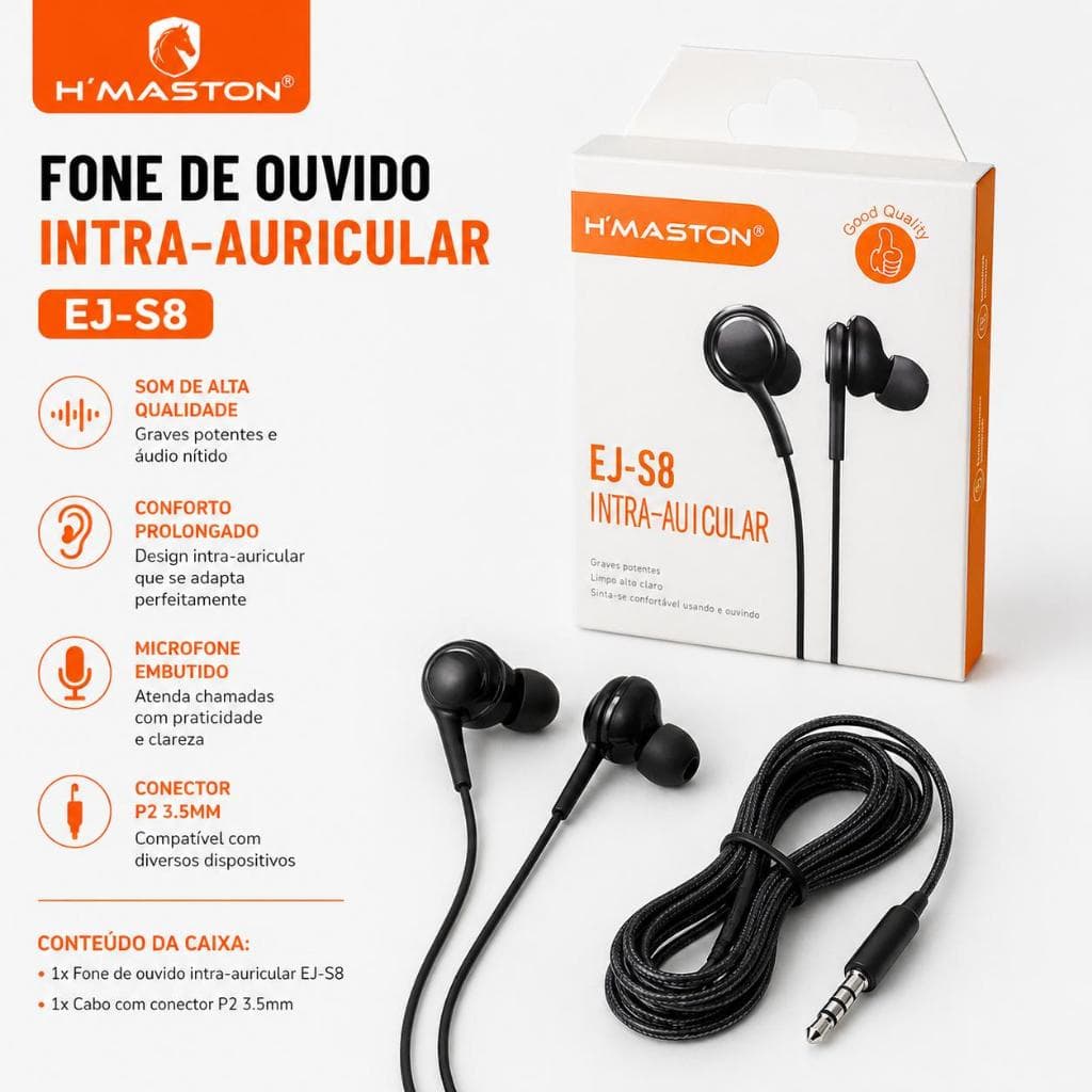 Fone De Ouvido Com Fio H'maston EJ-S8 P2 Microfone Gamer Graves Fortes Hi-Fi
