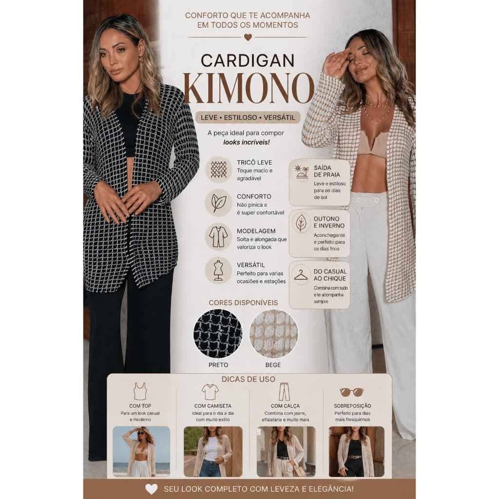 Kit Cardigan Kimono Feminino Tricô Leve 2 3 4 Peças Casual Elegante Outono Inverno Moda 2026