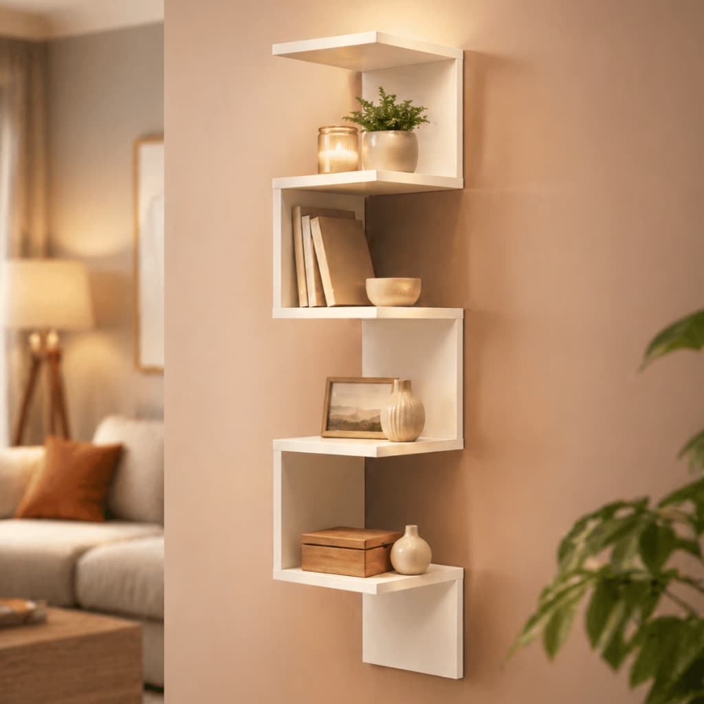 Prateleira de Canto Suspensa Zig Zag MDF Branco Organizadora Decorativa para Parede Sala Quarto Escritório