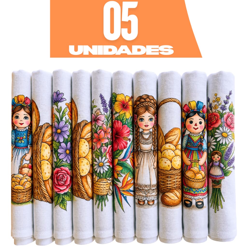 Kit 5 Panos De Prato Estampados Com Bainha 100% Algodão 60x35