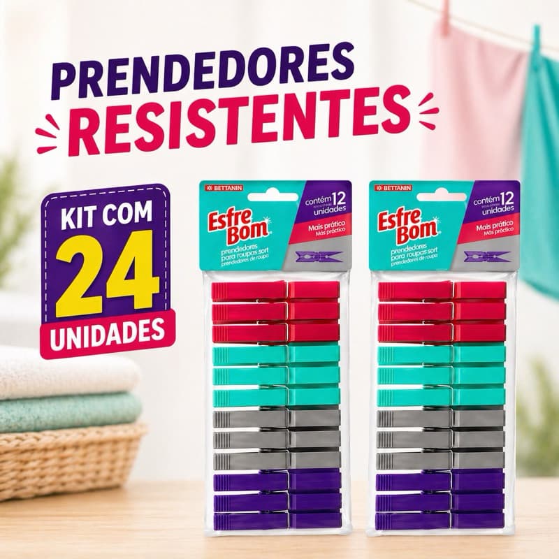 👉 Prendedor de Roupa Kit 24 Unidades (2x12) Resistente Não Marca Roupa
