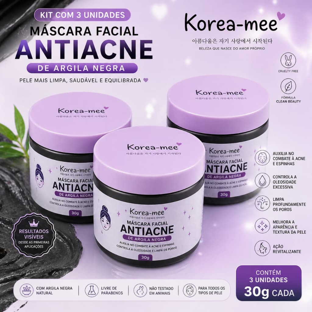 Kit 3 Máscaras Faciais Antiacne Argila Negra 30g Korea-mee Controle de Oleosidade e Limpeza de Poros