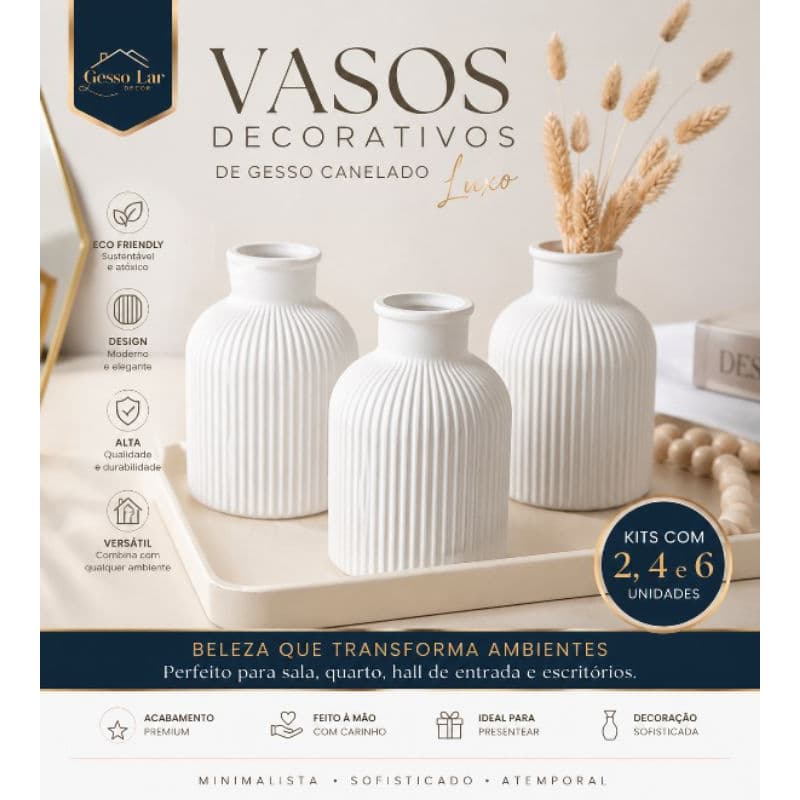Kit Vaso Decorativo Gesso Branco Canelado Luxo 2 4 6 Unidades | Decoração Moderna Minimalista Sala Quarto Tendência 2026
