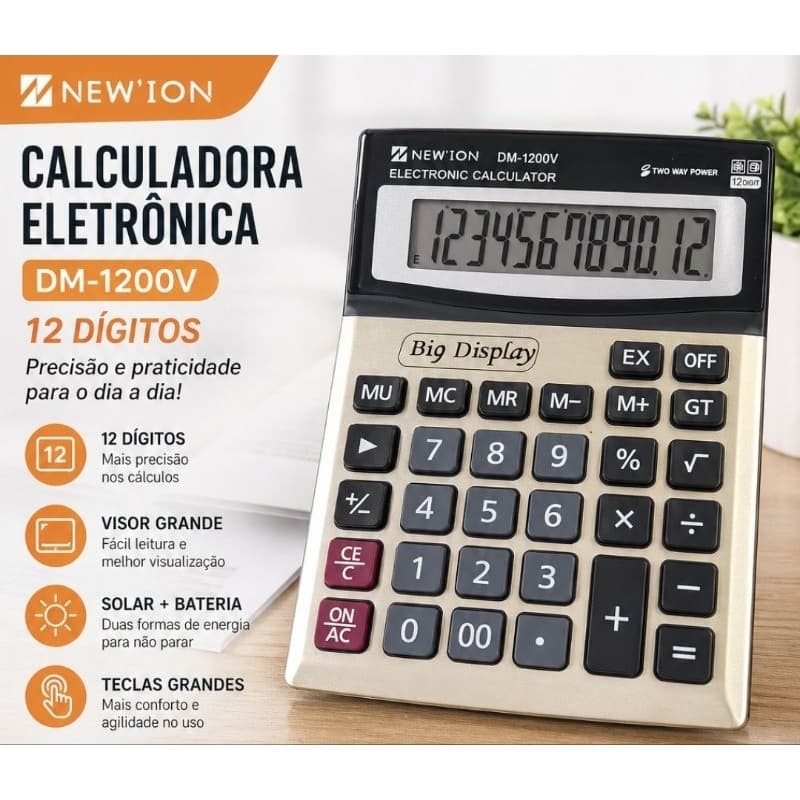 Calculadora Eletrônica Grande Visor Display Teclas Grd Estudant Escritório Comércio Balcão Loja Empresa 12 Digitos Solar