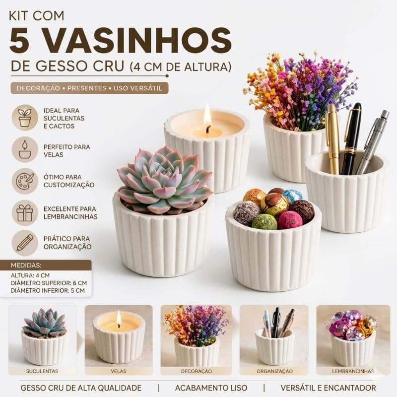 KIT COM 10 VASINHOS NANO DE GESSO CRU – DECORATIVO, MODERNO E VERSÁTIL