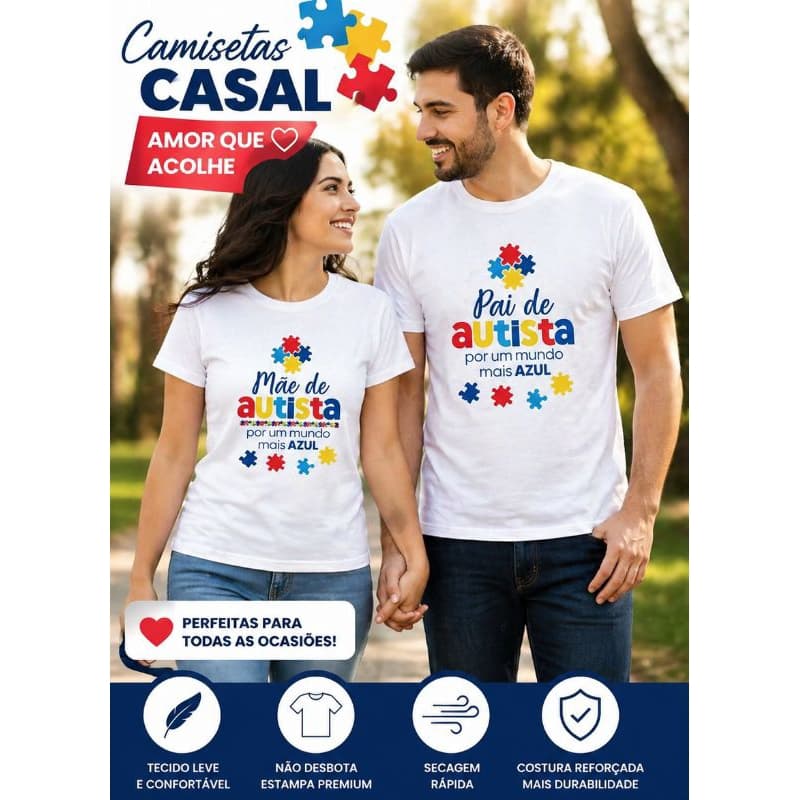 Kit 2 Camisetas Casal Autismo Pai e Mãe de Autista Poliéster Premium - Estampa Não Desbota