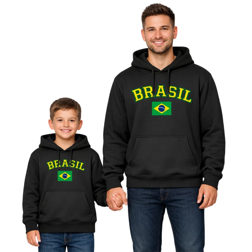 Kit pai e Filho Moletom Relaxado Canguru Estampado Brasil Copa