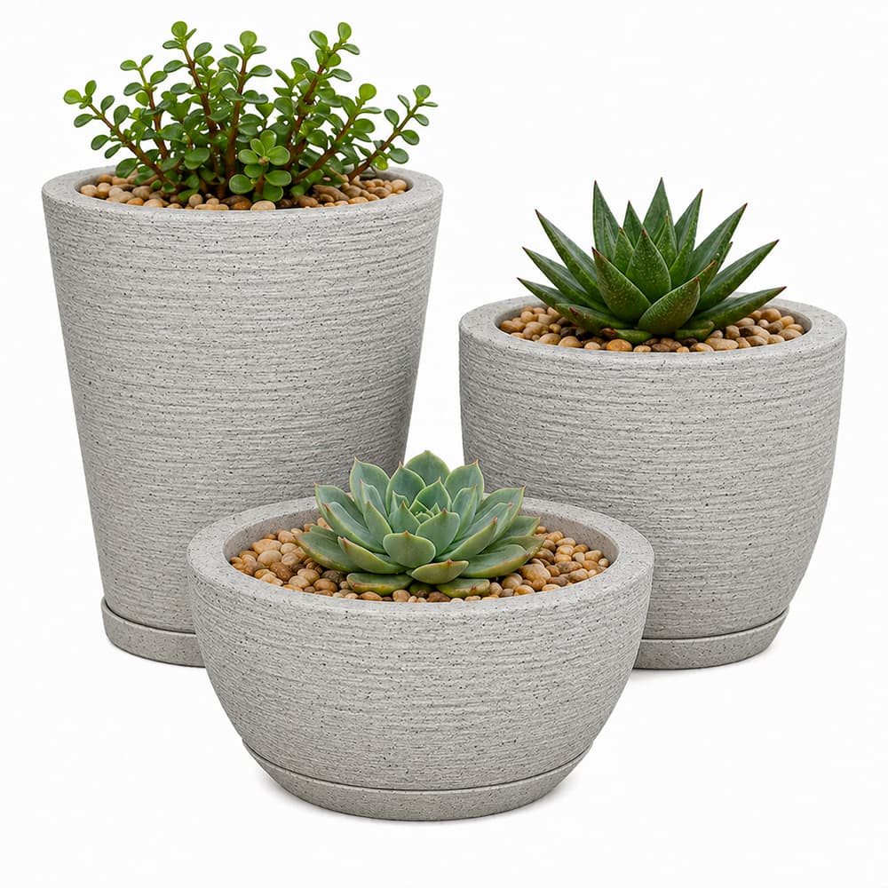 Kit Com 3 Vasos Decorativo de Planta Escovado Polietileno Com Prato Cone + Bojo + Bacia