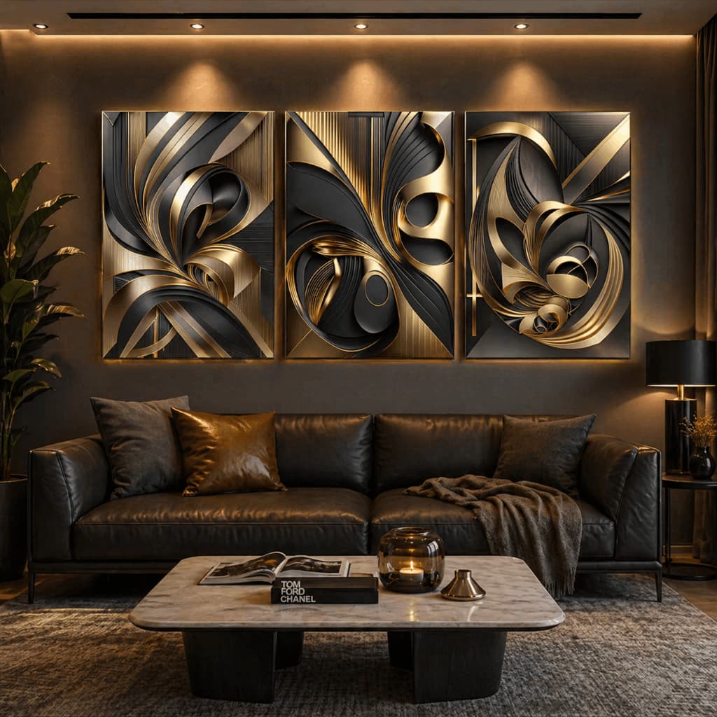 Kit 3 Quadros Decorativos Abstrato Dourado Preto Luxo 3D Sala Quarto Moderno