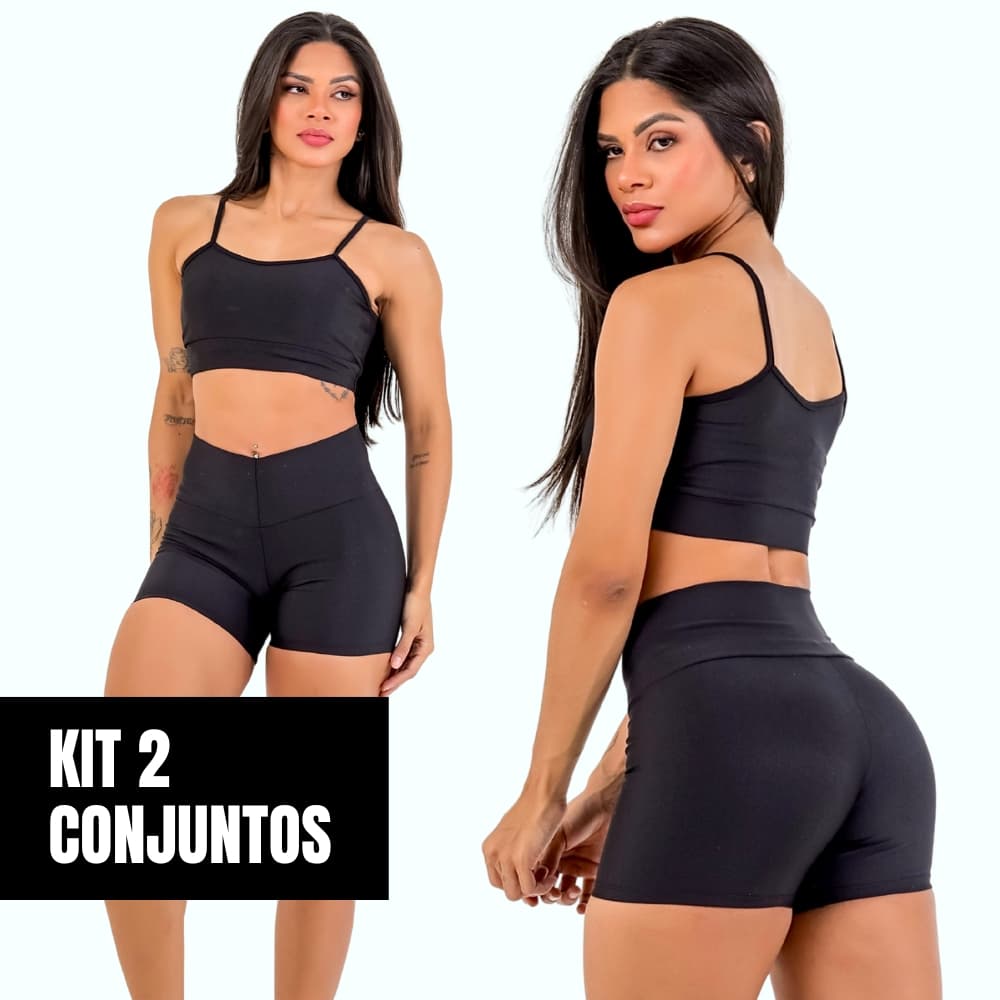 Kit 2 Conjuntos Fitness Top Sem Bojo + Short Cintura Alta Zero Transparência Academia Casual Minay