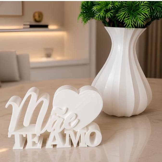 Kit Presente Dia das Mães: Vaso Decorativo + Placa "Mãe Te Amo" em 3D Branco