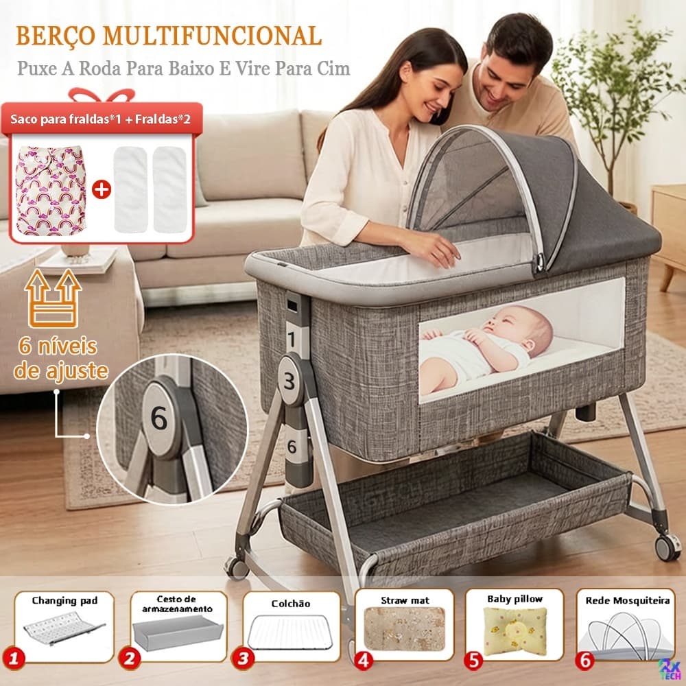 Berço Moisés Portátil Com Ajuste Em 6 Posições Modo Berço De Balanço Contém 6 Acessórios