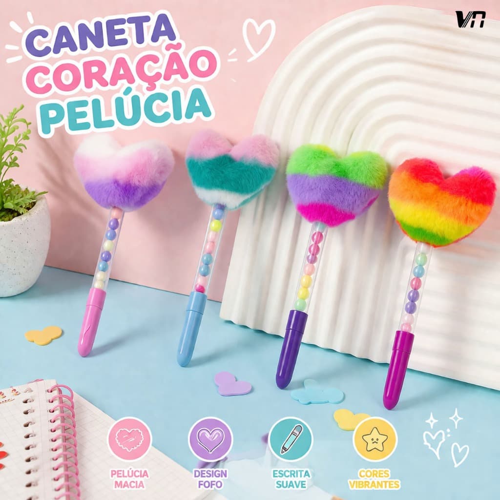 Caneta Fofa Coração de Pelúcia 4 Cores Presente para Meninas Material Escolar 22980