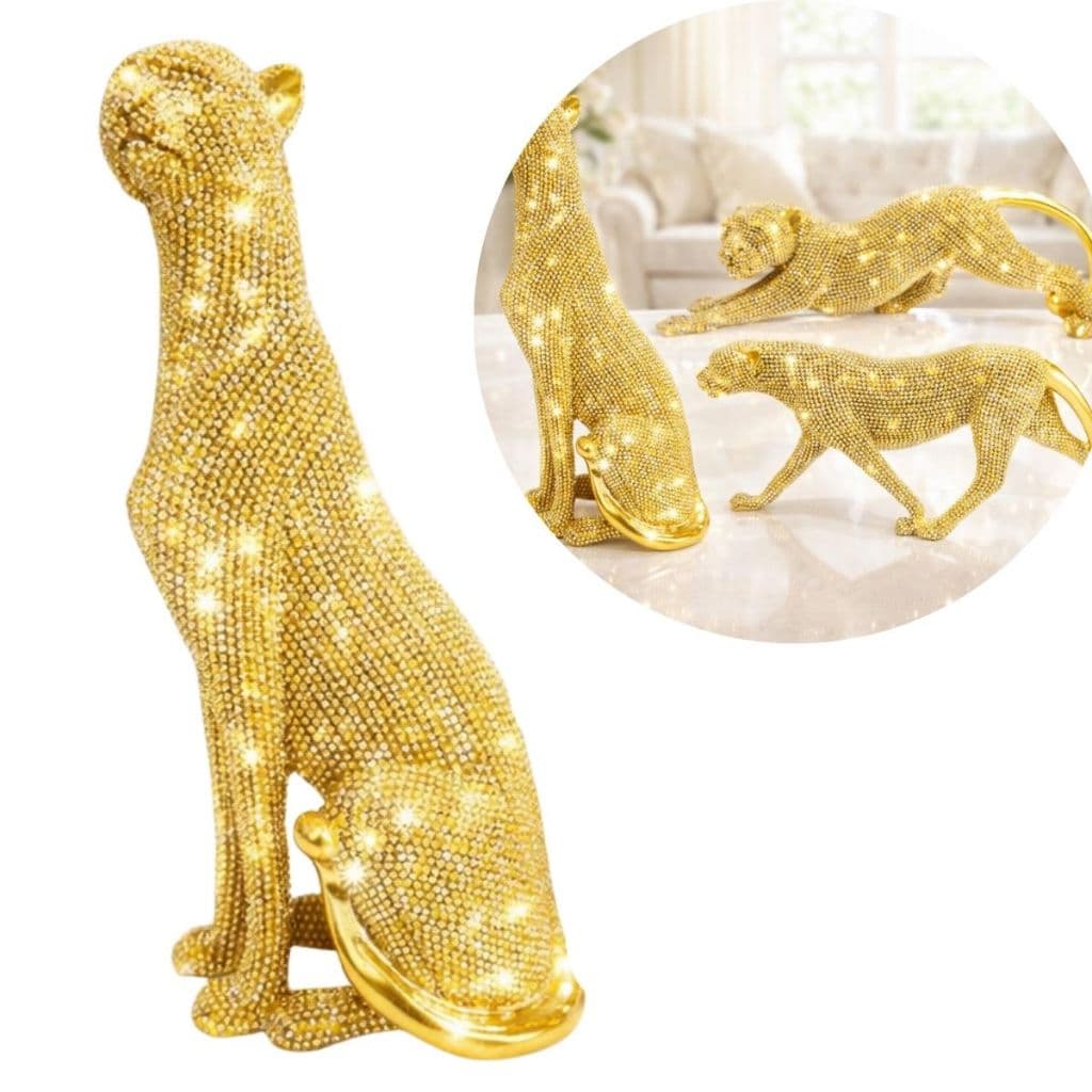 Decoração de mesa Estatua Enfeliete Leopardo em Resina com Brilho-Animal de Poder-03 Modelos