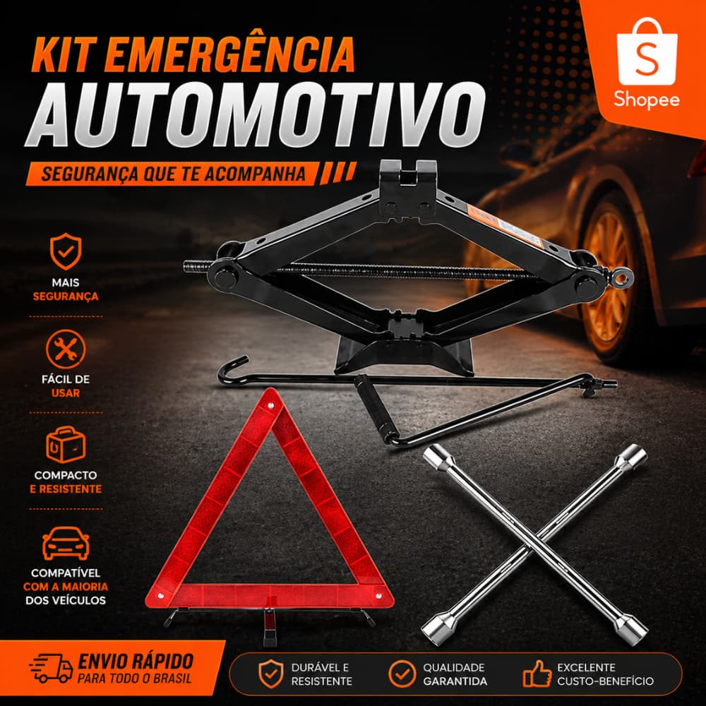 Kit Estepe Macaco Mecânico Sanfona 1,5T Universal 1500Kg + Chave Roda Em Aço + Triângulo Sinalização Segurança Carro