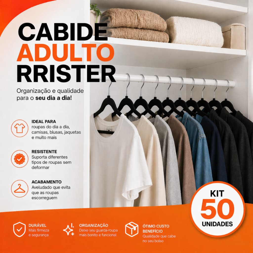 Kit 50 Cabides de Veludo Slim Antideslizante RRister Adulto Ultra Fino Organizador de Closet