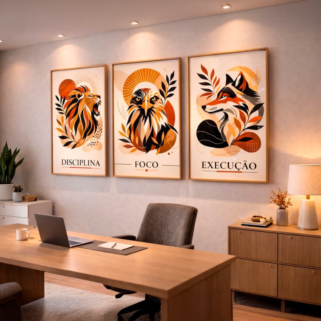Quadros Decorativos Leão Foco Disciplina Execução Abstrato Escritório Academia Sala Hall
