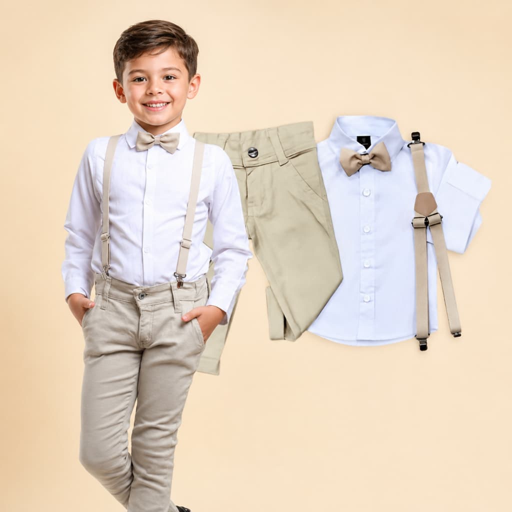 Conjunto Roupa Social masculina infantil Bege Batizado Festa Casamento Menino Bebê